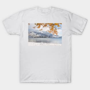 Snow Covered Mountains and Autumn Leaves Reflected in Skaha Lake T-Shirt